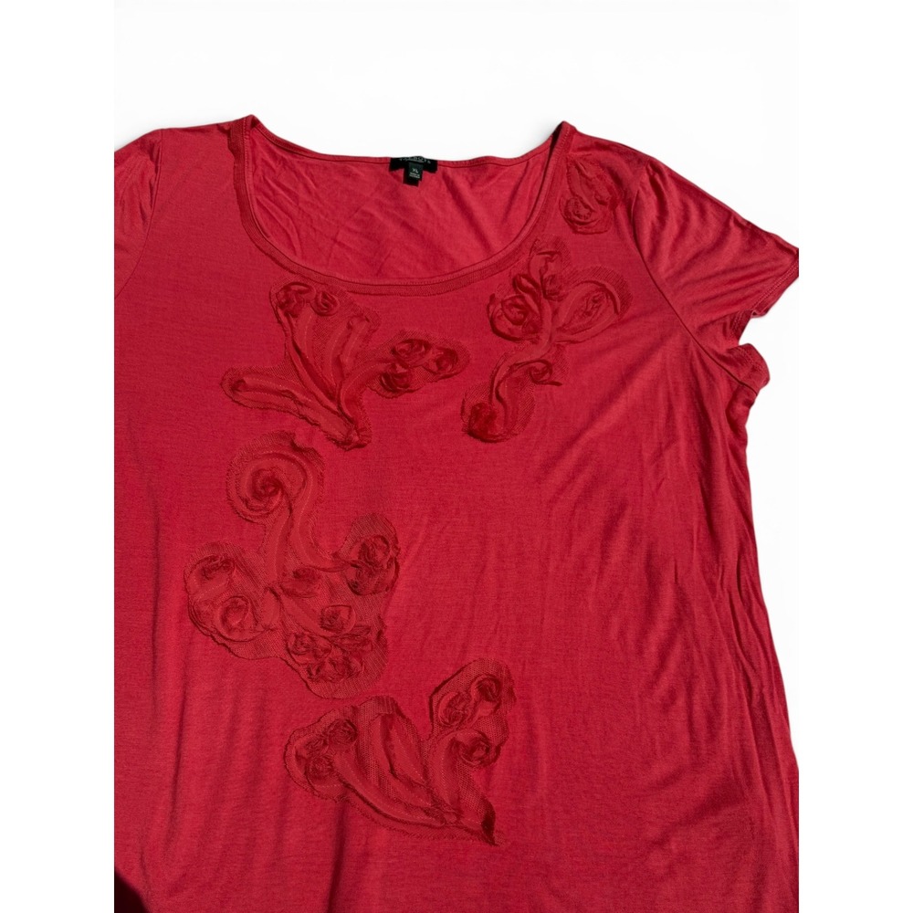 Talbots Womens XL Coral Red Floral Applique Tee Short Sleeve Botanical Top - Picture 3 of 8